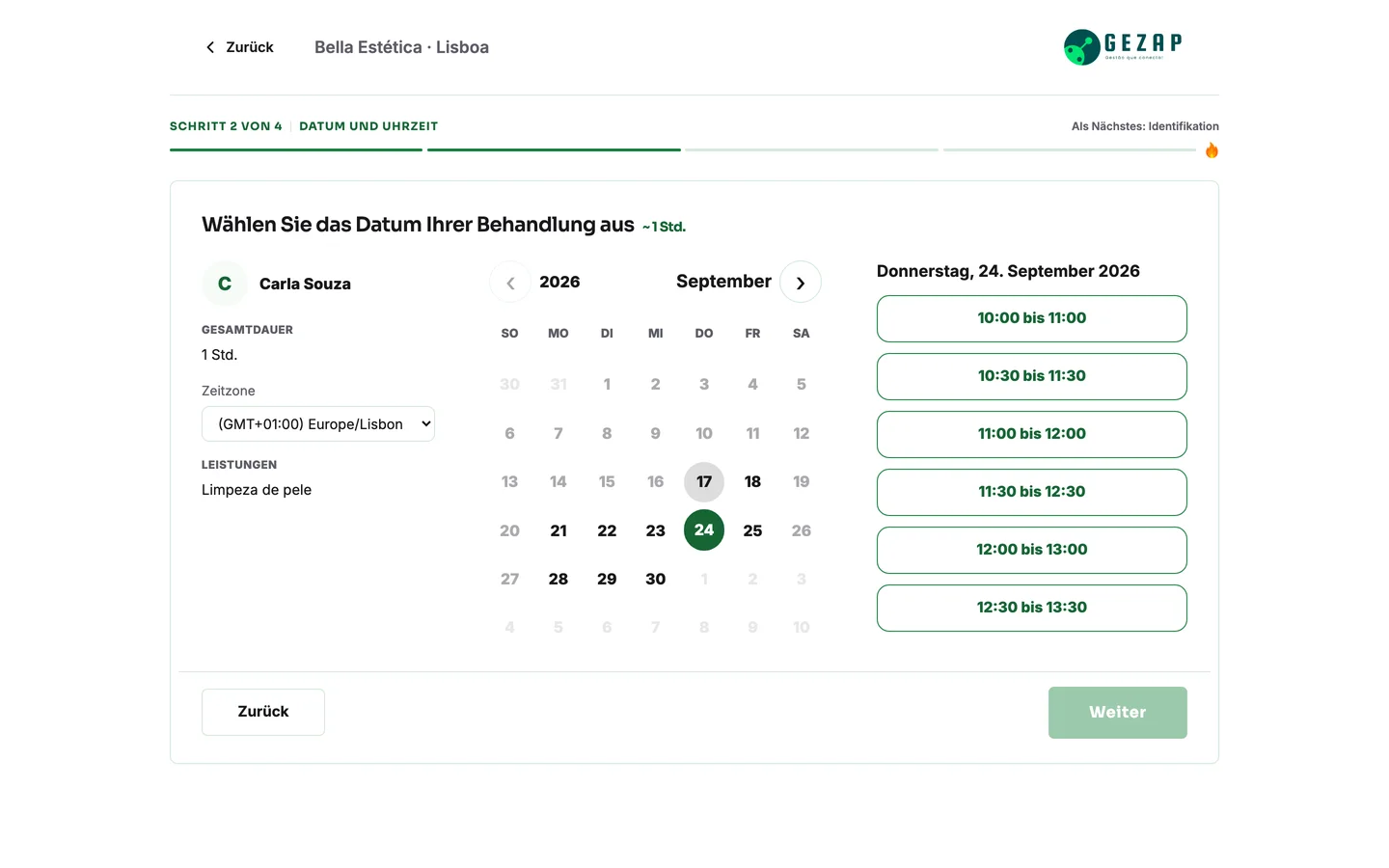 Öffentliche Buchungsseite des Unternehmens mit der Zeitzone des Kunden und den freien Terminen des Tages