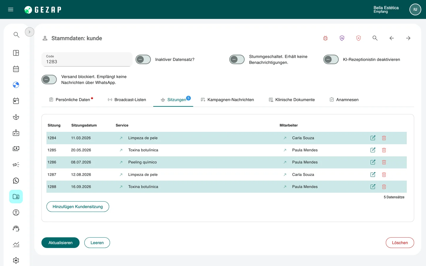 Patientenakte einer Kundin in GeZap mit der Liste ihrer Sitzungen: Datum, Service und Fachkraft für jeden Termin