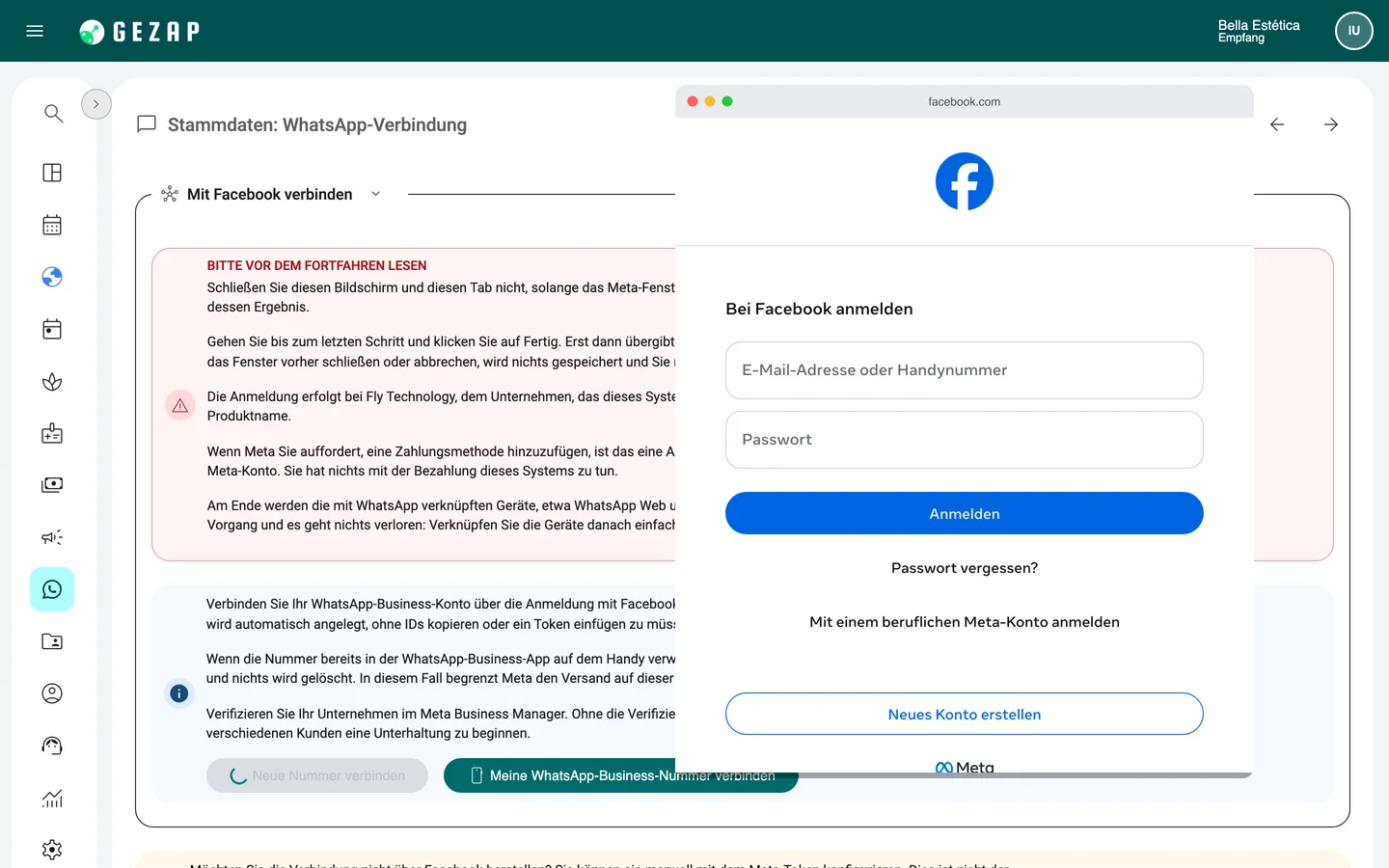 WhatsApp-Verbindungsbildschirm in GeZap mit dem darüber geöffneten offiziellen Meta-Fenster, das zur Facebook-Anmeldung auffordert