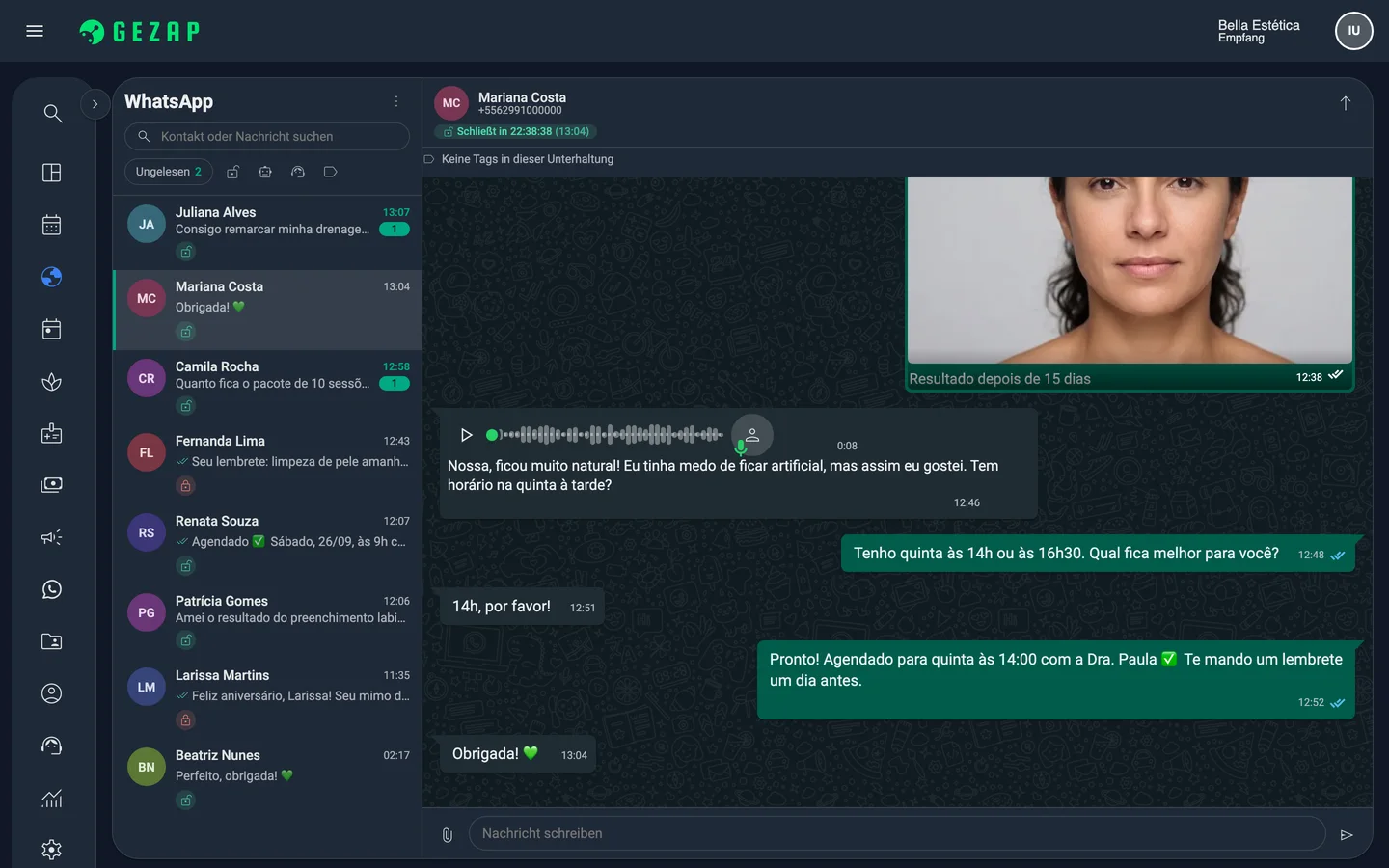 Derselbe Bildschirm des internen GeZap-WhatsApp im dunklen Modus, mit der Kundenliste und dem geöffneten Gespräch