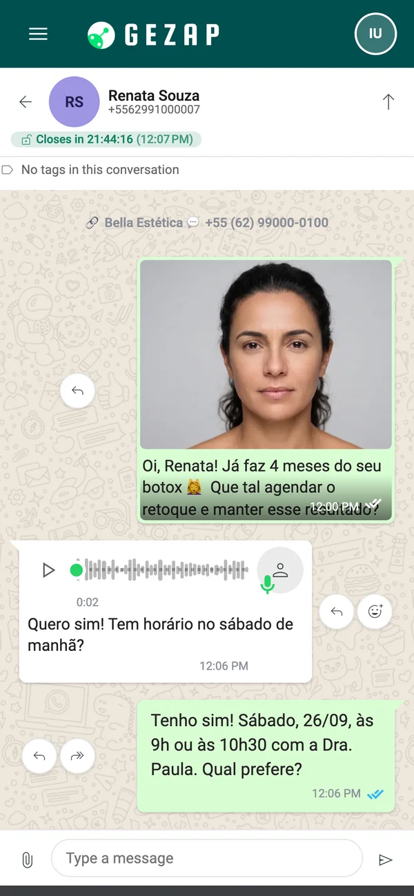 Phone showing a conversation where the client receives a campaign with a photo, replies by voice message, and the AI receptionist schedules the appointment