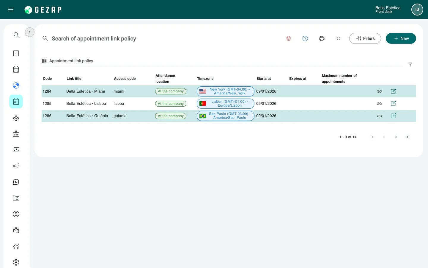 List of business extensions in GeZap, each with its city, time zone, and its own booking link