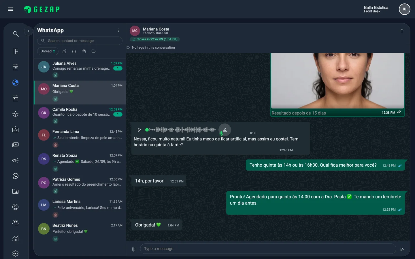 The same GeZap internal WhatsApp screen in dark mode, with the client list and an open conversation