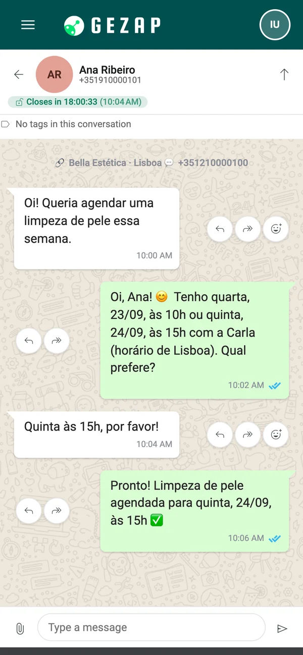Phone showing the same conversation in another language, with the AI receptionist replying in each client's language