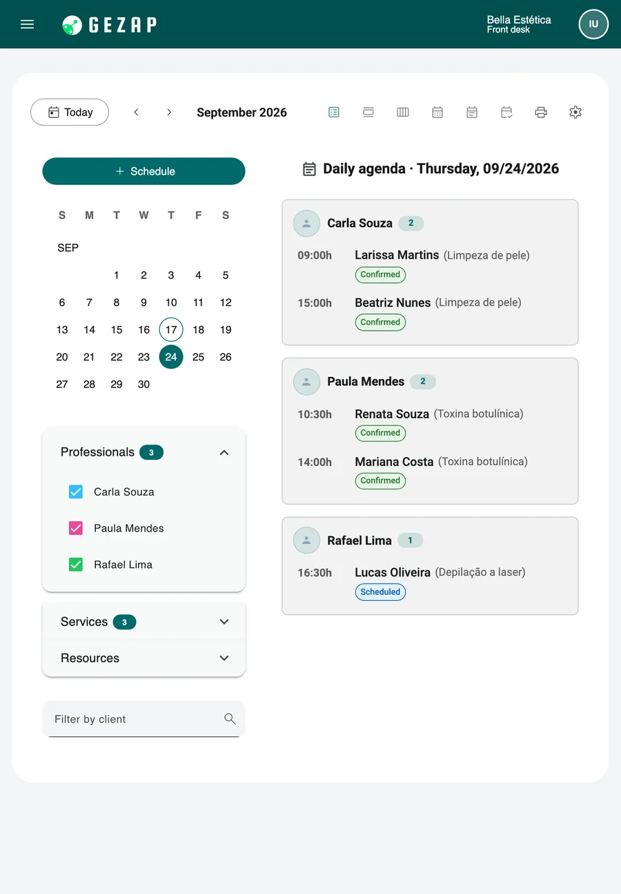 Tablet with the day's summary in GeZap: appointments grouped by professional, with time, client, service, and status