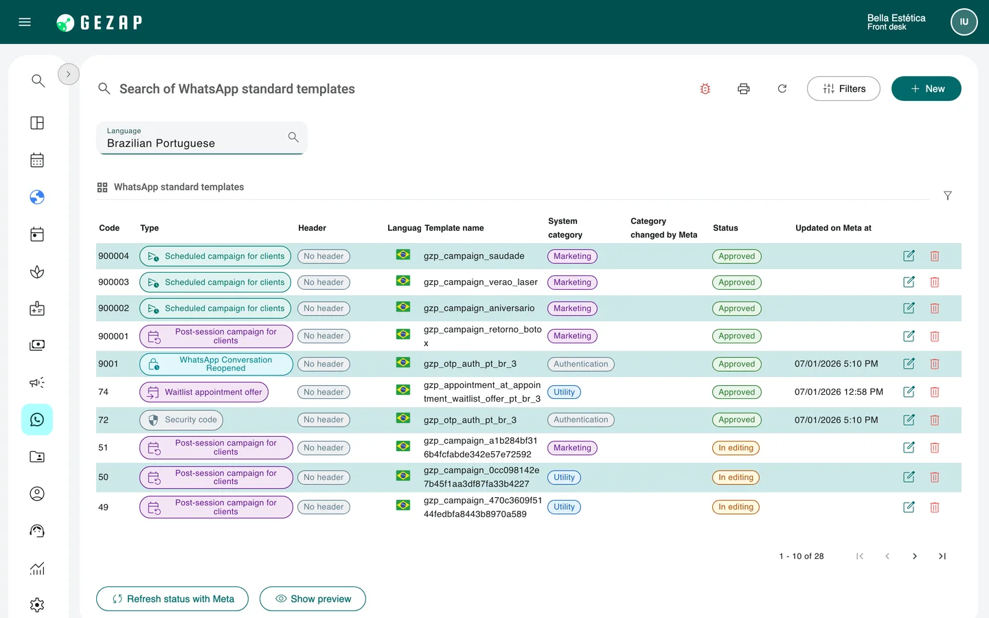 List of WhatsApp templates in GeZap, showing each one's type, category, and status in Meta