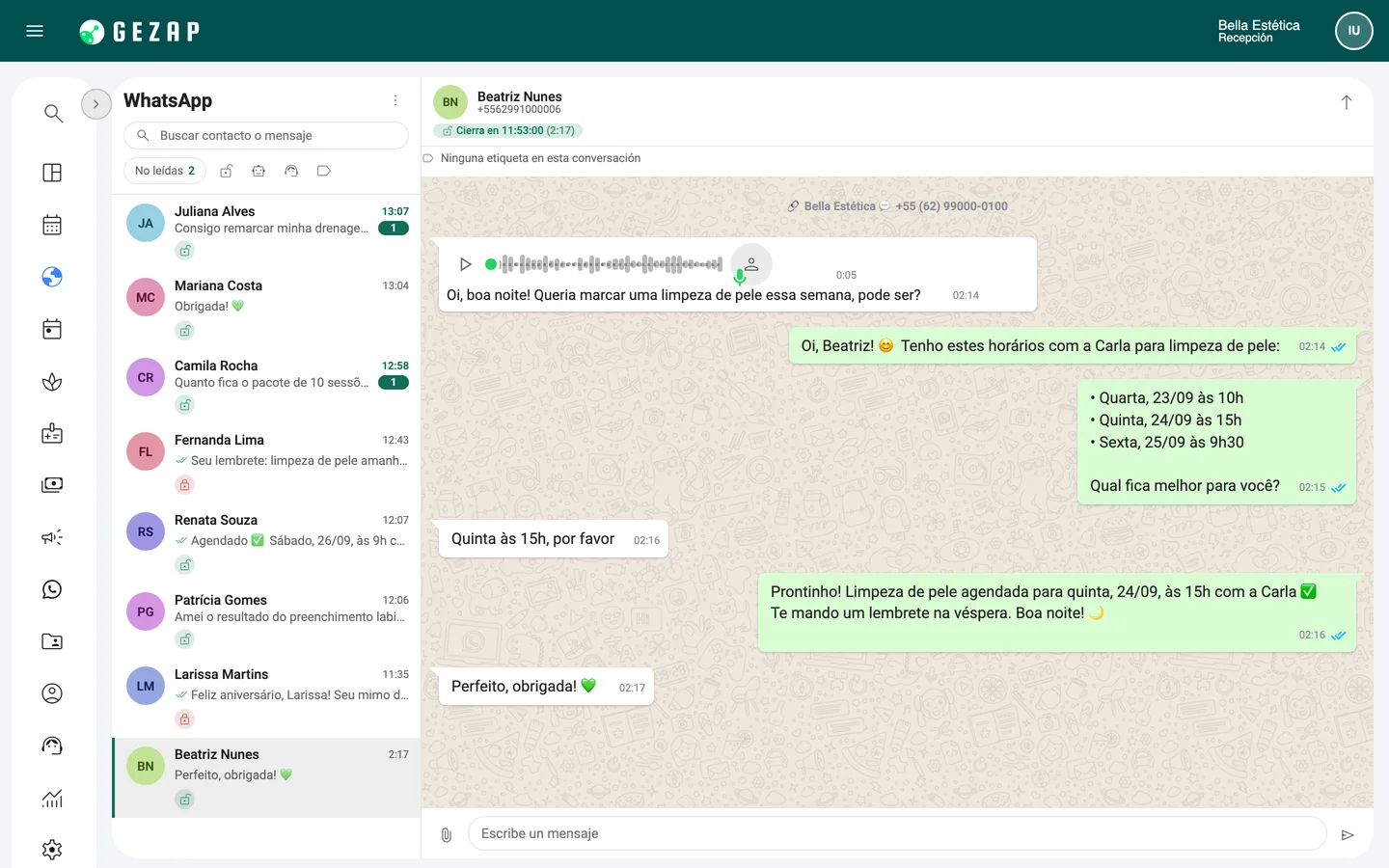 WhatsApp interno de GeZap con la conversación de madrugada en la que la recepcionista con IA entiende el audio de la clienta, ofrece horarios y agenda la cita por sí sola