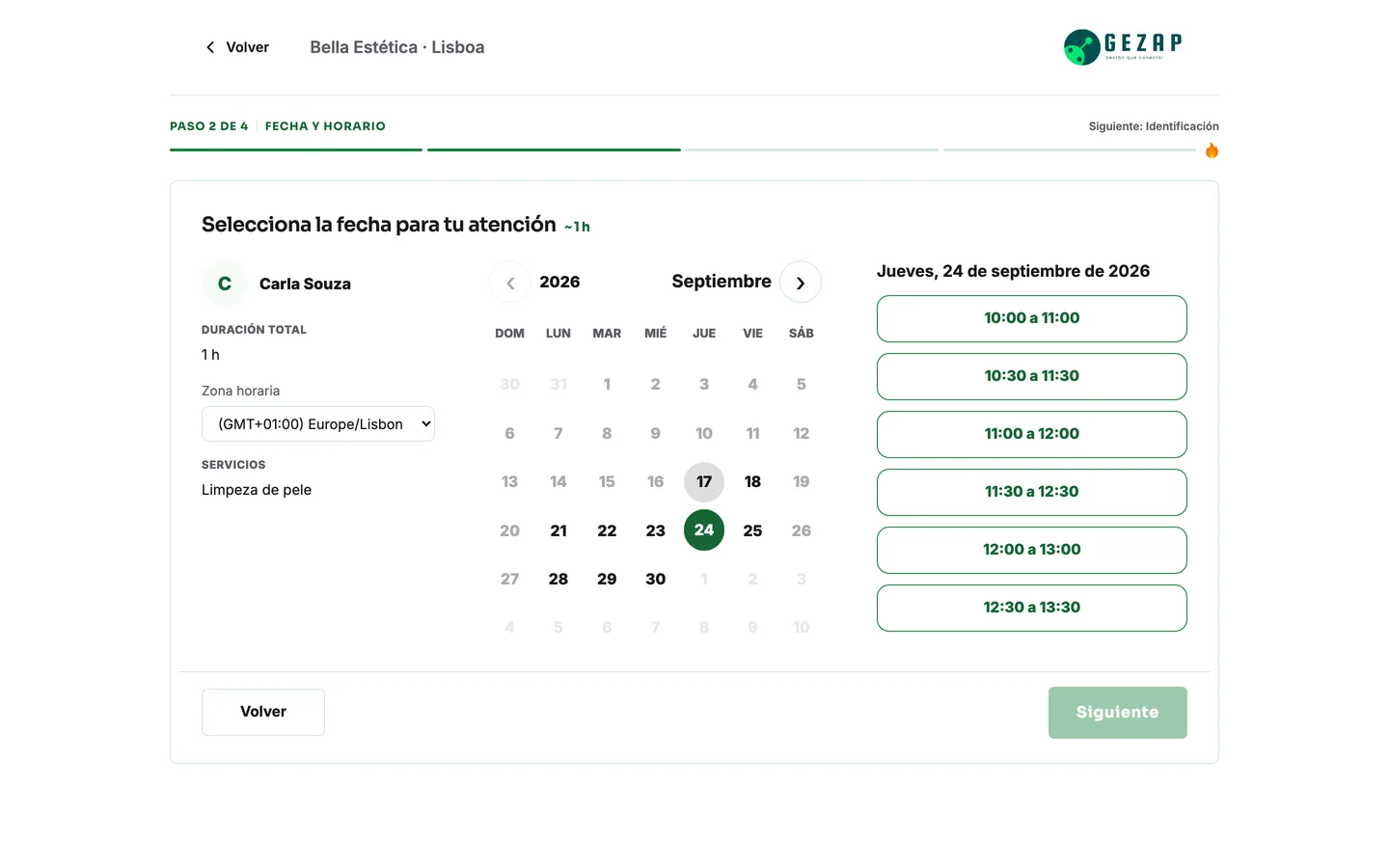 Página pública de reservas de la empresa, con la zona horaria del cliente y los horarios disponibles del día