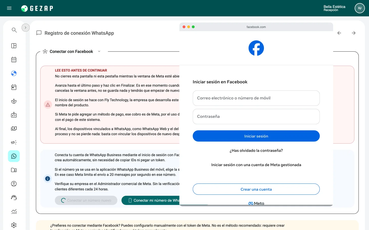 Pantalla de conexión de WhatsApp en GeZap con la ventana oficial de Meta abierta encima, solicitando el inicio de sesión de Facebook