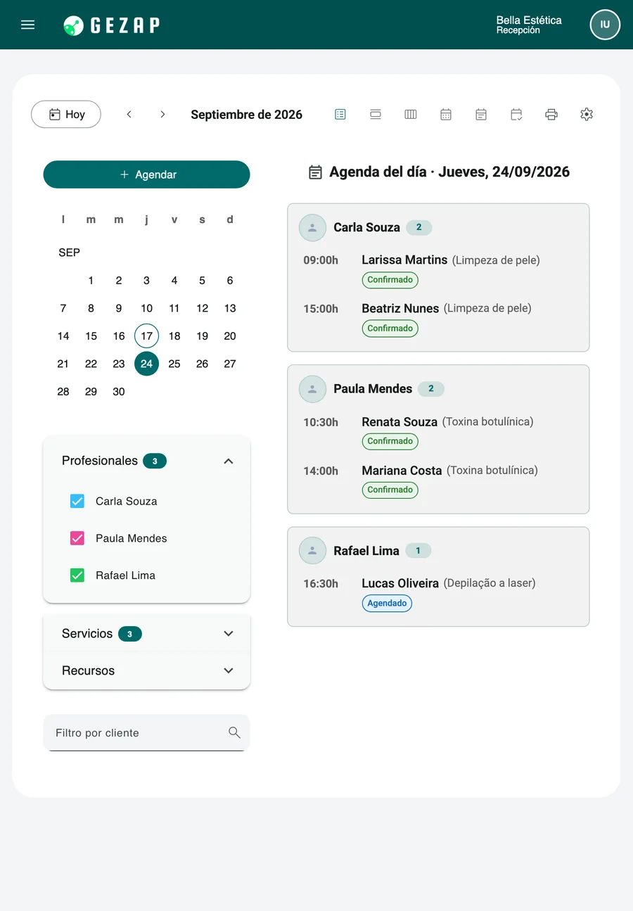 Tableta con el resumen del día en GeZap: las citas agrupadas por profesional, con hora, cliente, servicio y estado