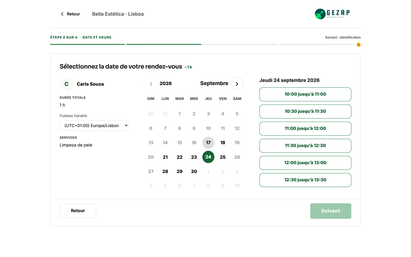 Page publique de prise de rendez-vous de l’entreprise, avec le fuseau horaire du client et les créneaux disponibles du jour