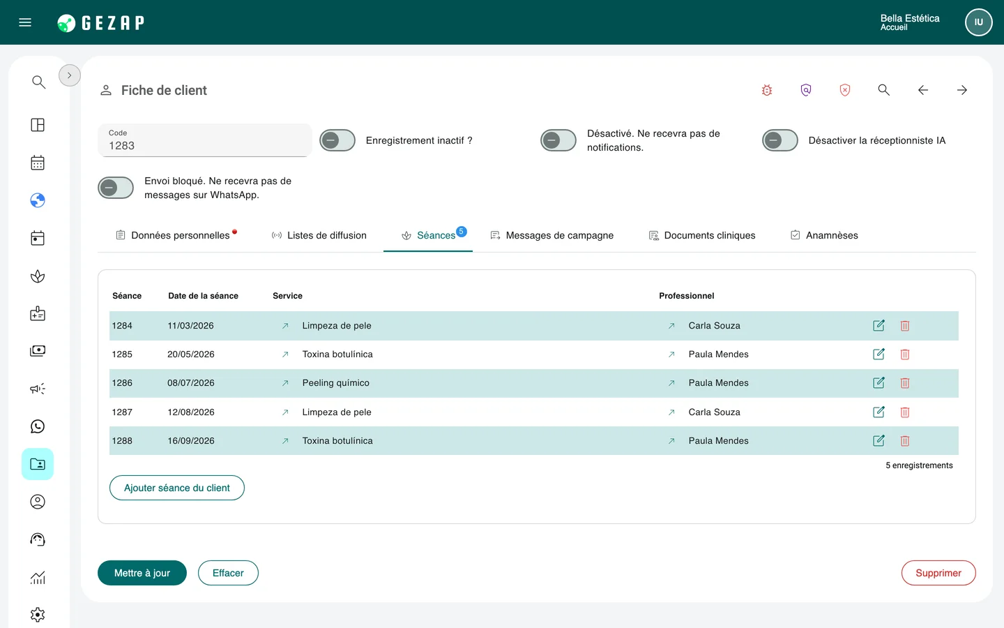 Dossier médical d’une cliente dans GeZap, avec la liste des séances : date, service et professionnel de chaque rendez-vous