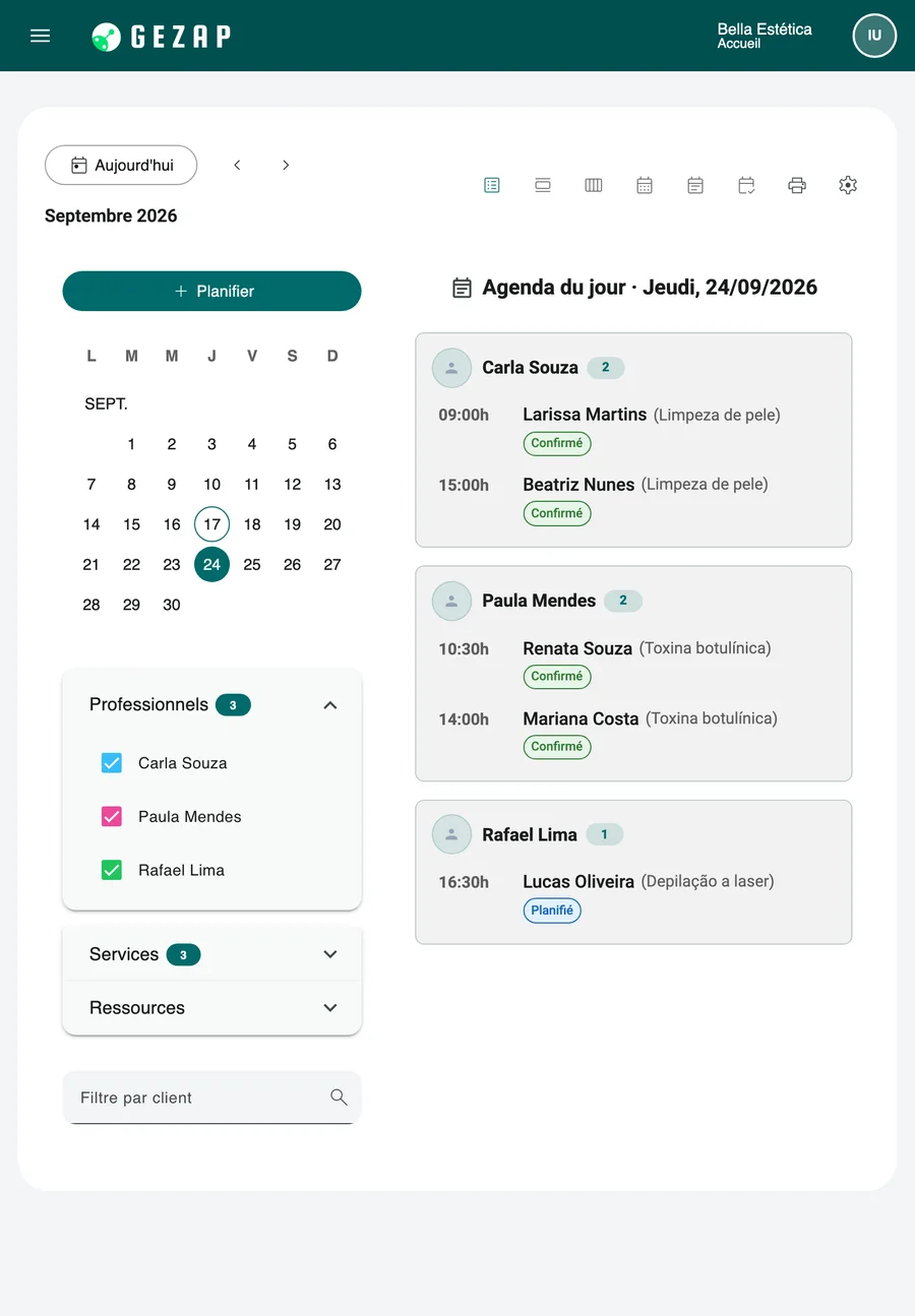 Tablette avec le résumé de la journée dans GeZap : les rendez-vous regroupés par professionnel, avec l’heure, le client, le service et le statut