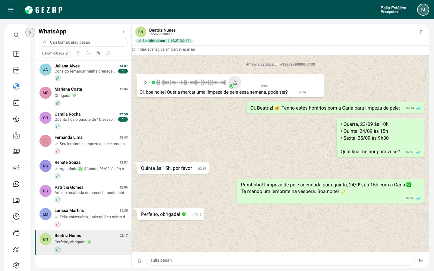 WhatsApp internal GeZap dengan percakapan dini hari saat resepsionis AI memahami pesan suara pelanggan, menawarkan waktu, dan menjadwalkan janji temu secara otomatis