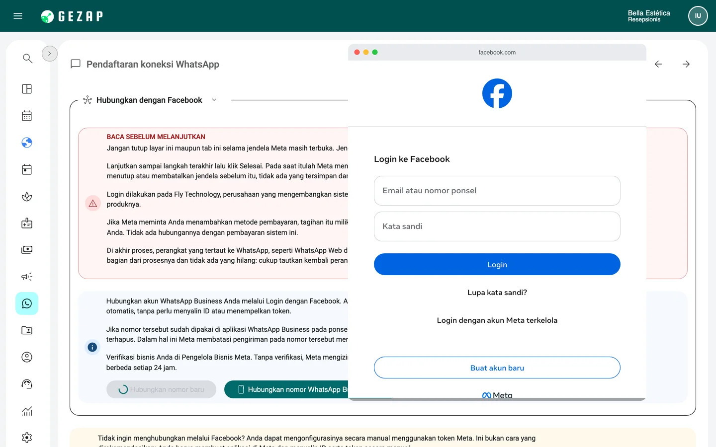 Layar koneksi WhatsApp di GeZap dengan jendela resmi Meta terbuka di atasnya, meminta login Facebook