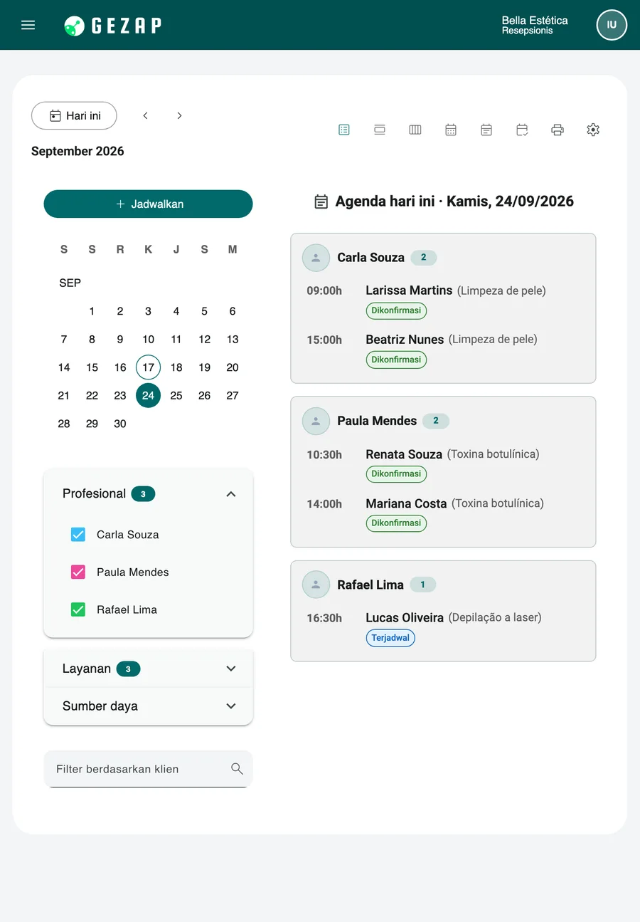 Tablet dengan ringkasan hari ini di GeZap: janji temu dikelompokkan berdasarkan profesional, lengkap dengan waktu, klien, layanan, dan status