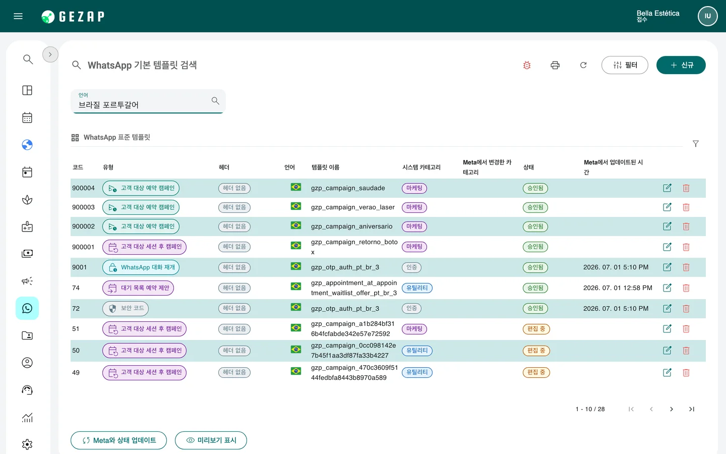 GeZap의 WhatsApp 템플릿 목록으로, 각 템플릿의 유형, 카테고리 및 Meta 상태가 표시되어 있습니다