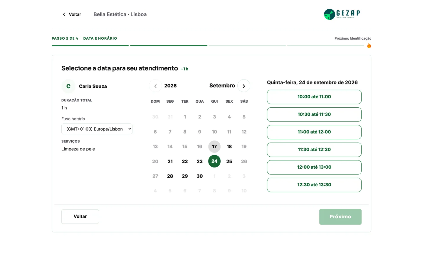 Página pública de agendamento da empresa, com o fuso horário do cliente e os horários livres do dia
