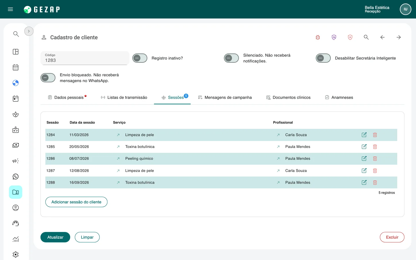 Prontuário de uma cliente no GeZap, com a lista de sessões: data, serviço e profissional de cada atendimento