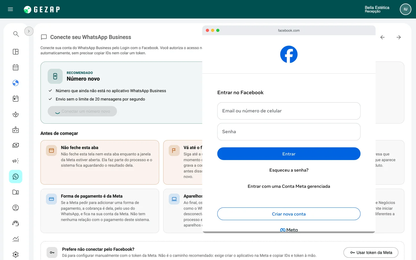 Tela de conexão do WhatsApp no GeZap com a janela oficial da Meta aberta por cima, pedindo o login do Facebook