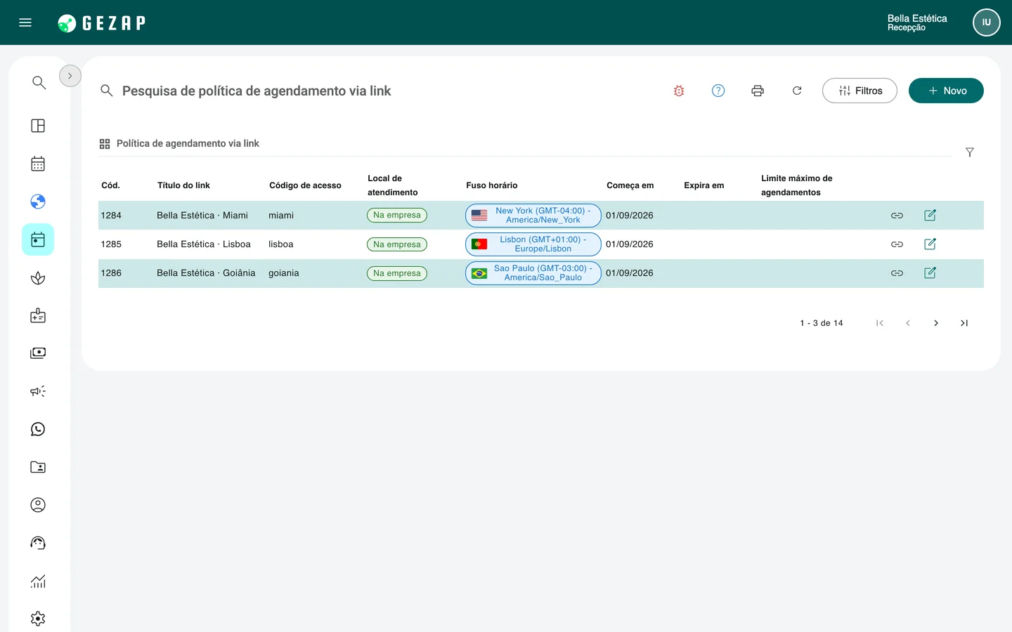 Lista de extensões da empresa no GeZap, cada uma com cidade, fuso horário e link de agendamento próprio
