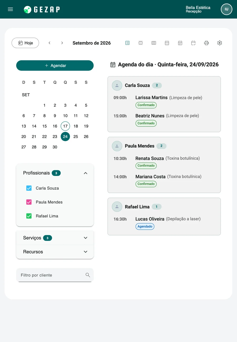 Tablet com o resumo do dia no GeZap: os atendimentos agrupados por profissional, com horário, cliente, serviço e status